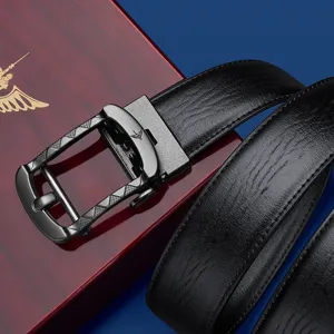 Cintura in pelle nera da uomo con fibbia automatica, design con texture di corteccia.