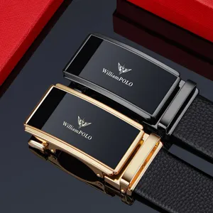 Men's automatic buckle leather belt set, stylish business dress accessory with gift box.