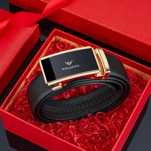 Men's genuine leather automatic buckle belt, luxury business dress belt in gift box.