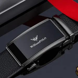 Men's genuine leather automatic buckle dress belt with sleek metal buckle for business.