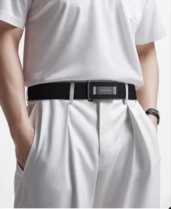 Detailed shot of men's casual canvas belt with stylish automatic metal buckle worn.
