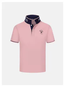 Men's short sleeve polo shirt in pink with contrast navy blue collar and classic logo design.