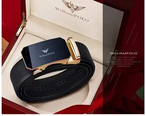 WilliamPOLO men's genuine leather automatic buckle belt luxury business casual cowhide belt.