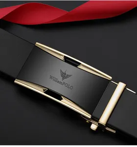 Men's business genuine leather automatic belt buckle close-up view showing metal details.