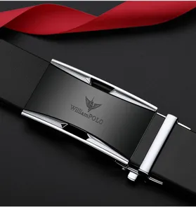 Men's genuine leather automatic buckle belt featuring sleek metallic black and silver design.