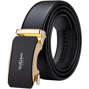 Ceinture en cuir pour homme à boucle automatique, ceinture habillée en cuir noir classique.