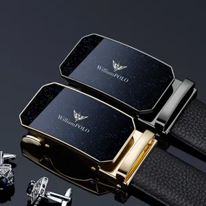 Men's automatic genuine leather belt with starry glitter buckle and metal automatic clasp.