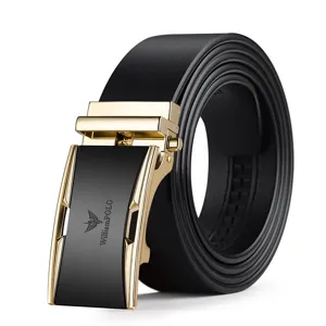 Men's black leather belt with luxury automatic metal buckle, premium business cowhide waist belt.