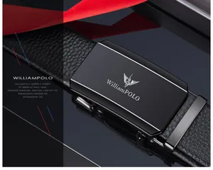 WilliamPOLO men's genuine leather belt with automatic metal buckle, classic black dress strap.