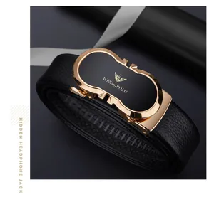 Men's leather belt automatic buckle detail shot, premium black cowhide strap with gold buckle.