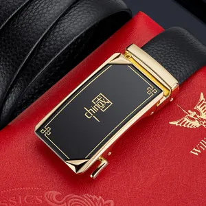 Men's leather automatic buckle belt business casual top layer cowhide black golden dress belt
