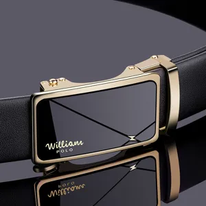 Men's leather automatic buckle belt with sleek gold metal design, premium fashion accessory.