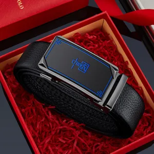 Premium men's leather belt with automatic metal buckle in a red gift box, stylish and classic.