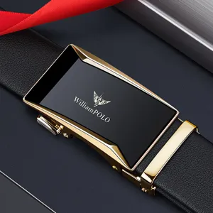 Men's leather belt with gold automatic buckle and black strap, business casual fashion accessory.
