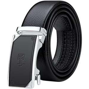 Men's black leather dress belt with automatic metal buckle, classic business casual style for men.