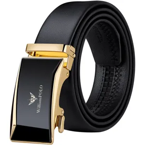 Men's leather belt with automatic metal buckle, classic black business casual waist belt.