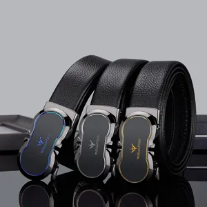 Men's genuine leather belt with automatic metal buckle, classic business casual black strap.
