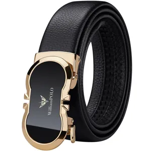 Men's black leather belt with automatic gold buckle, genuine cowhide dress belt for business.