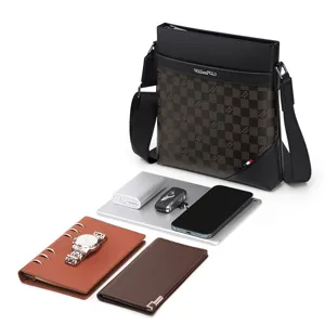 Heren schoudertas van echt leer zakelijke messenger tas met geruit patroon stijlvol en chic.