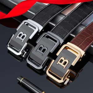 Cintura da uomo in vera pelle con fibbia automatica, elegante cintura business con logo B.