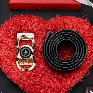 Men's luxury genuine leather belt with automatic metal buckle, classic black dress belt set.