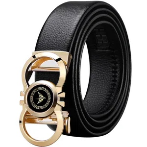 Men's leather dress belt with luxury gold automatic metal buckle, classic business casual design.
