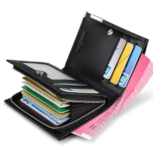 Portefeuille court en cuir véritable pour homme porte-cartes compact noir monnaie zippé.