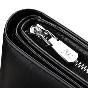 Portefeuille homme en cuir veritable noir avec fermeture eclair metallique et logo.
