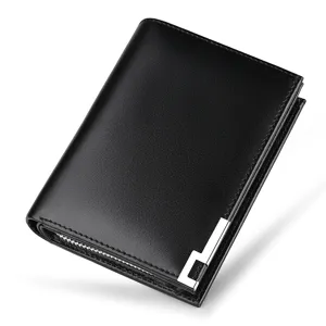 Portefeuille court pour homme en cuir veritable noir avec coin en metal et fermeture eclair.