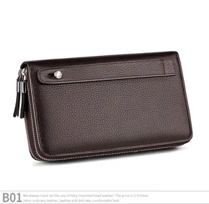 Vue détaillée du portefeuille pochette pour homme en cuir véritable marron foncé avec zips.