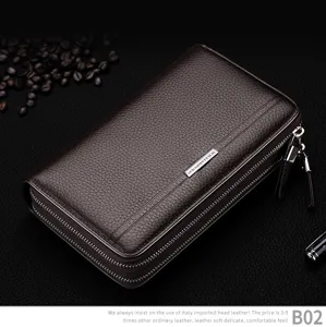 Vue détaillée du portefeuille homme en cuir véritable, texture douce et double fermeture éclair.