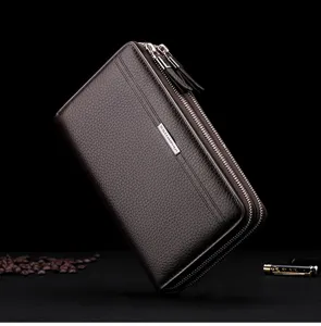 Portefeuille long homme cuir véritable double fermeture éclair grande capacité pochette marron