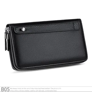 Vue détail de portefeuille long homme en cuir noir véritable avec double fermeture éclair.