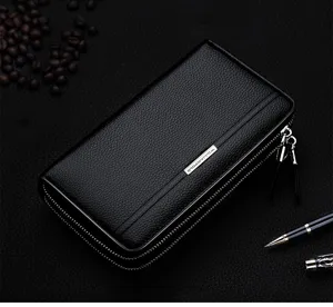 Portefeuille long homme en cuir veritable double fermeture eclair grande capacite detail