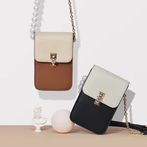 Borsa a Tracolla da Donna in Pelle PU per Telefono Cellulare Blocco di Colore Piccola Borsa Quadrata con Tracolla a Catena di Perle