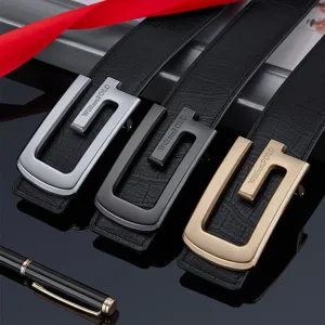 Men's genuine leather belt with stylish metal buckle, crocodile pattern design for business.