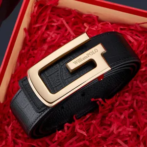 Men genuine leather belt with stylish gold G buckle, premium cowhide business waist belt for men.