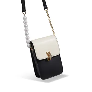 Elegante borsa a tracolla nera e bianca con catena di perle e chiusura dorata per donne.