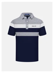 Detailed view of the men's color-blocked short sleeve polo shirt with striped design.