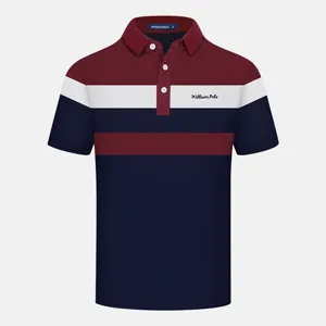 Men's Business Casual Short Sleeve Polo Shirt Contrast Striped Lapel Button Cotton Summer Clothing Top