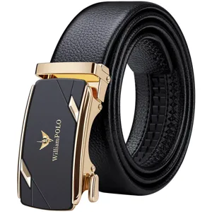 Cintura da uomo in pelle nera con fibbia automatica dorata, elegante cintura in vera pelle.