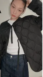 Damen schwarze gesteppte Schleife Jacke lässig Herbst lose Oberbekleidung Mantel top