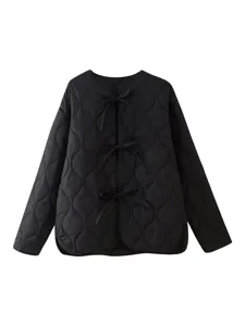 Damen Mode Casual Einfarbig Langarm Schleife Gesteppt Baumwolle Gepolsterte Jacke Locke Oberbekleidung