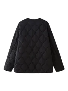 Damen schwarze gesteppte Jacke lässiger Rundhalsausschnitt langarm gefütterte Oberbekleidung.