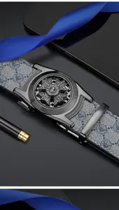 Men's automatic leather belt with luxury gothic cross wheel buckle and stylish monogram strap.
