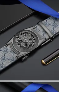 Close-up of men's automatic buckle leather belt with luxury pattern and rhinestone wheel design.