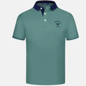 Men's green short sleeve polo shirt with contrast blue collar and casual slim fit design.