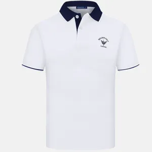 Men's short-sleeve white polo shirt casual summer top with contrast navy collar.