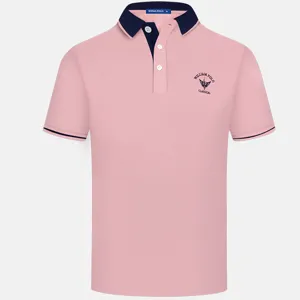 Men short sleeve polo shirt casual summer top classic fashion pink tee with contrast collar