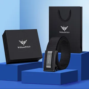 Men's canvas belt automatic buckle business casual waist belt with gift box and bag